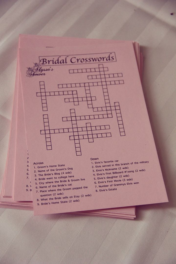Personalized Bridal Shower Crossword Puzzle. The clues were all about the Bride and Groom andddd they're love of Elvis