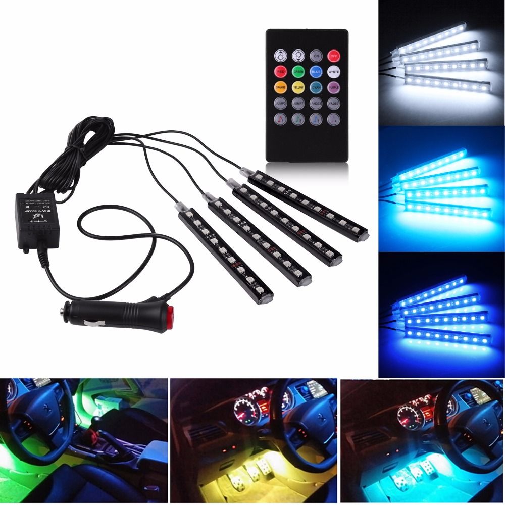 4X 12V 9 LED Remote Control RGB Car Interior Strip Lights Wireless ...